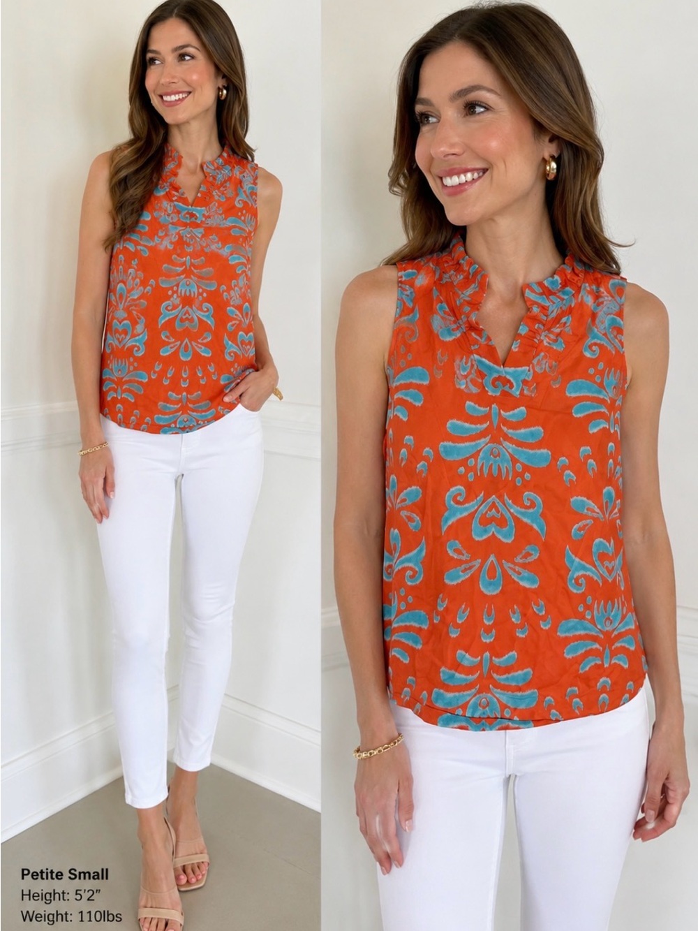 Crown & Ivy Petite Small Orange Blue Sleeveless Ruffle Neck Top
